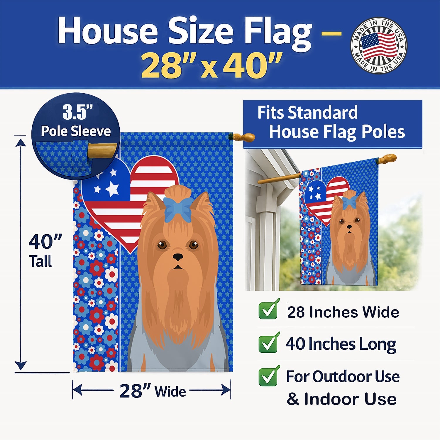 Blue and Tan Full Coat Yorkshire Terrier USA American House Flag 28x40 Porch Sleeve Pole Decorative Outside Yard Banner Artwork Wall Hanging, Polyester