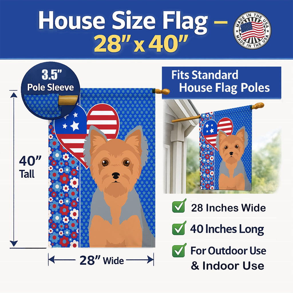 Blue and Tan Puppy Cut Yorkshire Terrier USA American House Flag 28x40 Porch Sleeve Pole Decorative Outside Yard Banner Artwork Wall Hanging, Polyester