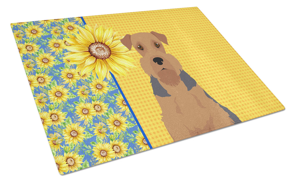 Summer Sunflowers Grizzle and Tan Airedale Terrier Cutting Board Tempered Glass Kitchen Cutting Surface, Heat Resistant Chopping, Non-Slip Feet, Food Prep & Serving