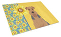 Summer Sunflowers Grizzle and Tan Airedale Terrier Cutting Board Tempered Glass Kitchen Cutting Surface, Heat Resistant Chopping, Non-Slip Feet, Food Prep & Serving