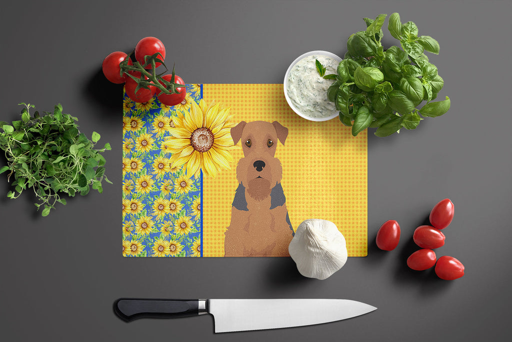 Summer Sunflowers Grizzle and Tan Airedale Terrier Cutting Board Tempered Glass Kitchen Cutting Surface, Heat Resistant Chopping, Non-Slip Feet, Food Prep & Serving