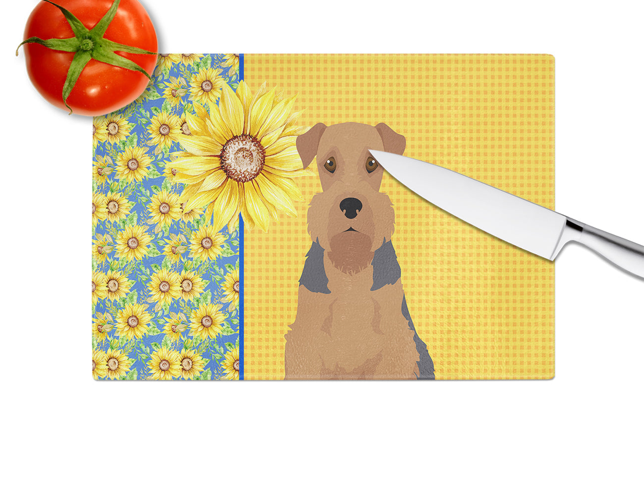 Summer Sunflowers Grizzle and Tan Airedale Terrier Cutting Board Tempered Glass Kitchen Cutting Surface, Heat Resistant Chopping, Non-Slip Feet, Food Prep & Serving