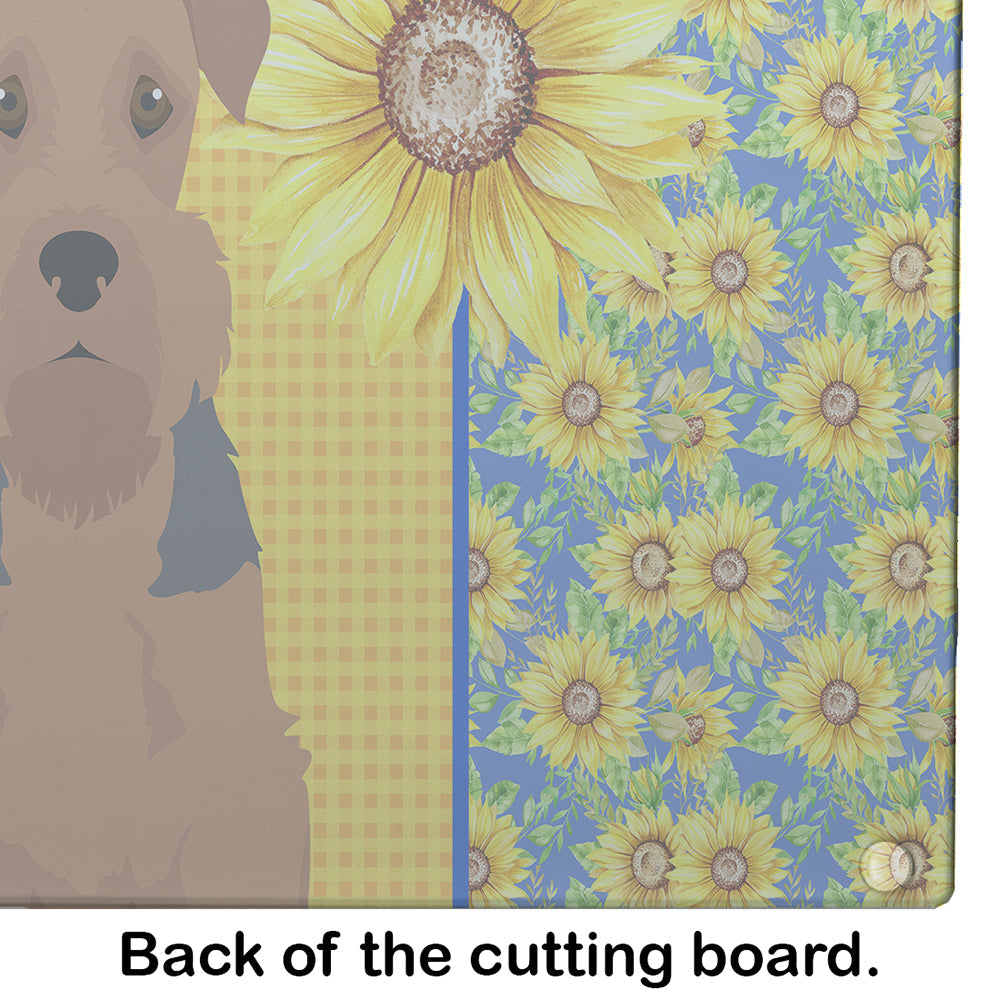 Summer Sunflowers Grizzle and Tan Airedale Terrier Cutting Board Tempered Glass Kitchen Cutting Surface, Heat Resistant Chopping, Non-Slip Feet, Food Prep & Serving