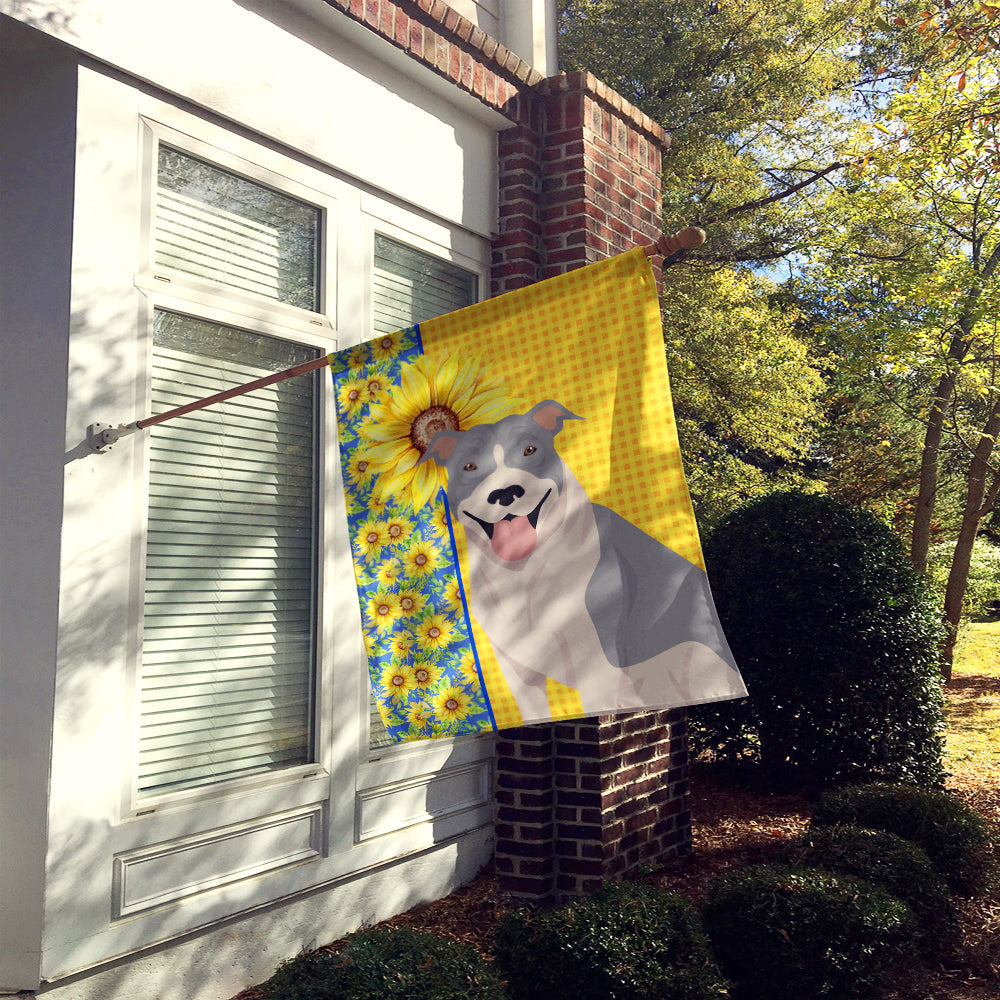 Summer Sunflowers Blue and White Pit Bull Terrier House Flag 28x40 Porch Sleeve Pole Decorative Outside Yard Banner Artwork Wall Hanging, Polyester