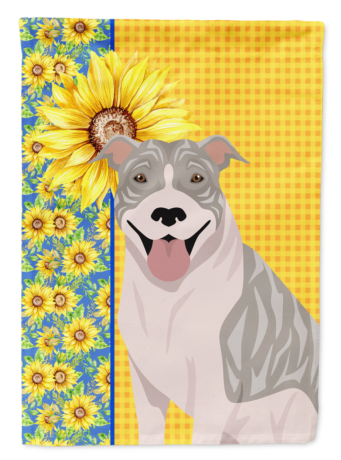 Summer Sunflowers Blue Brindle Pit Bull Terrier House Flag 28x40 Porch Sleeve Pole Decorative Outside Yard Banner Artwork Wall Hanging, Polyester