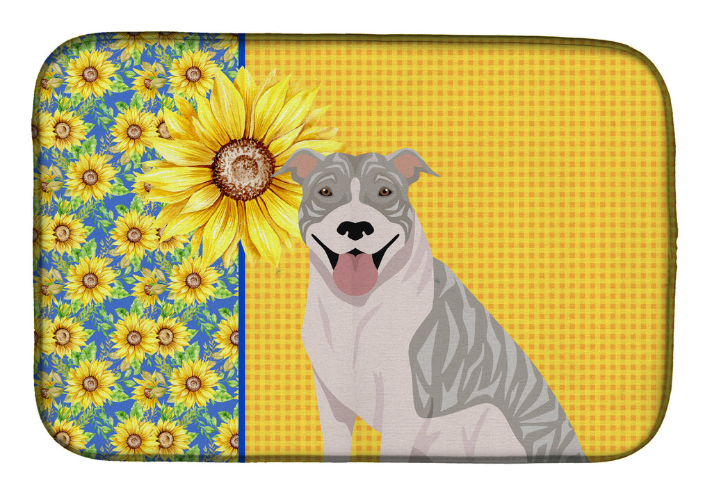 Summer Sunflowers Blue Brindle Pit Bull Terrier Dish Drying Mat Absorbent Dish Drying Mat Pad for Kitchen Counter Dish Drainer Mat for Countertop, 14 x 21", Multicolor
