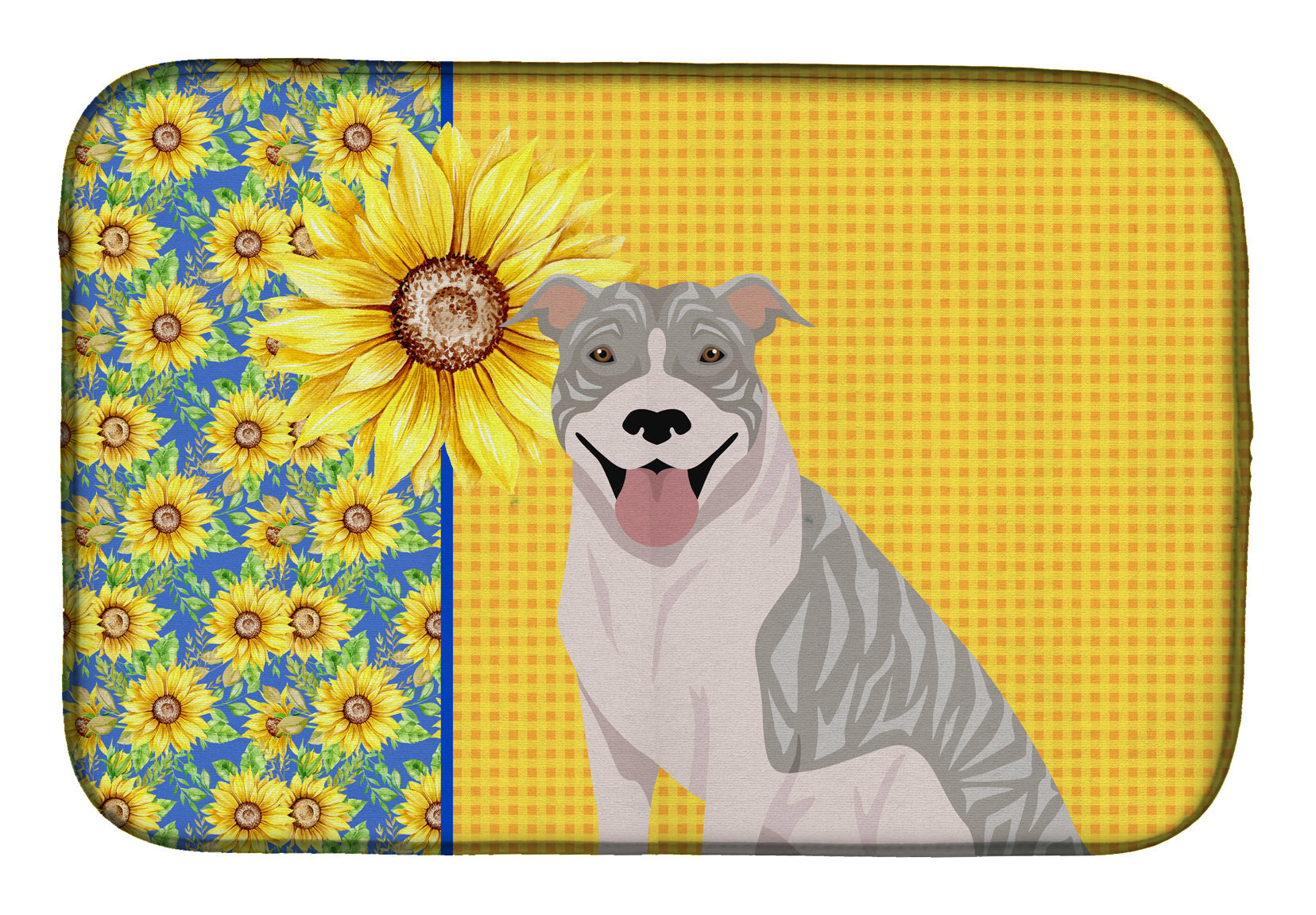 Summer Sunflowers Blue Brindle Pit Bull Terrier Dish Drying Mat Absorbent Dish Drying Mat Pad for Kitchen Counter Dish Drainer Mat for Countertop, 14 x 21", Multicolor