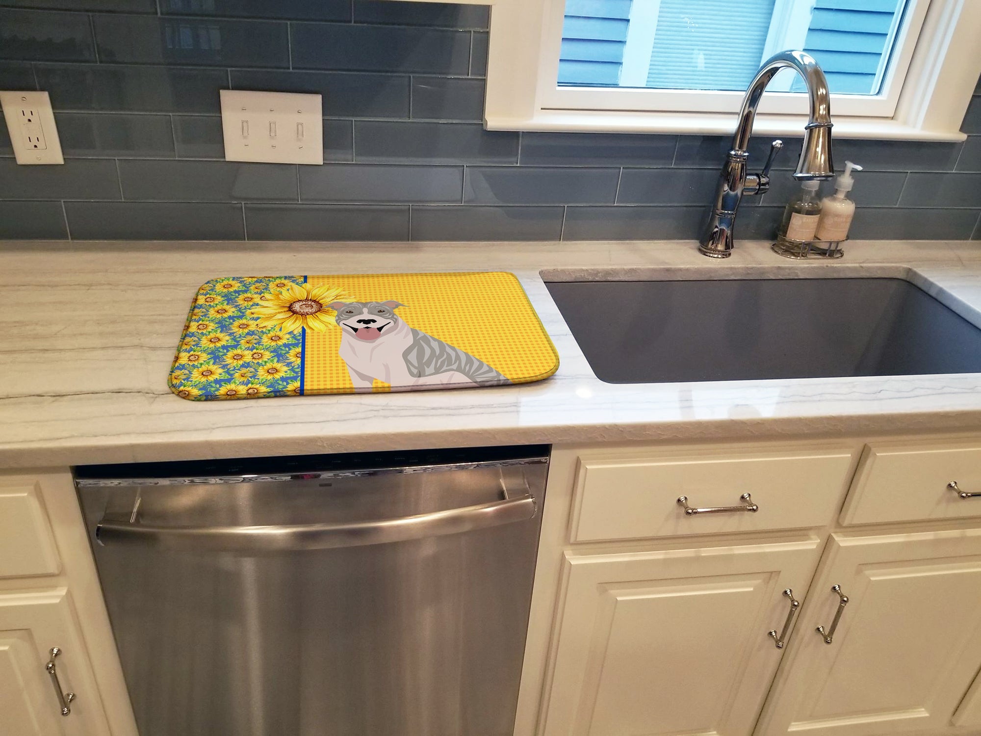 Summer Sunflowers Blue Brindle Pit Bull Terrier Dish Drying Mat Absorbent Dish Drying Mat Pad for Kitchen Counter Dish Drainer Mat for Countertop, 14 x 21", Multicolor