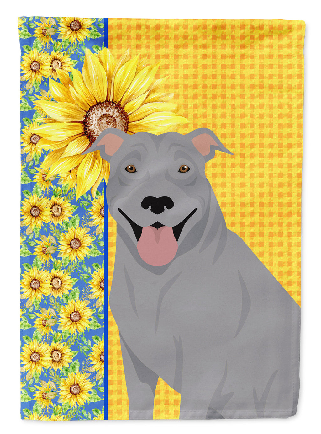Summer Sunflowers Blue Pit Bull Terrier House Flag 28x40 Porch Sleeve Pole Decorative Outside Yard Banner Artwork Wall Hanging, Polyester