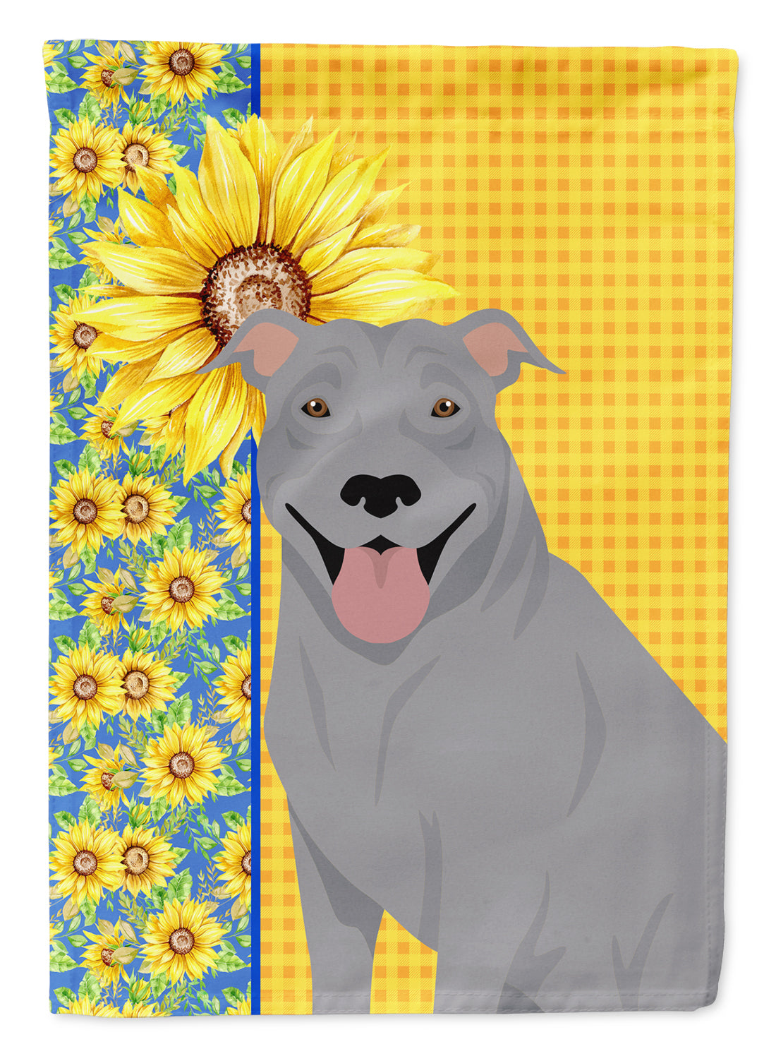 Summer Sunflowers Blue Pit Bull Terrier House Flag 28x40 Porch Sleeve Pole Decorative Outside Yard Banner Artwork Wall Hanging, Polyester