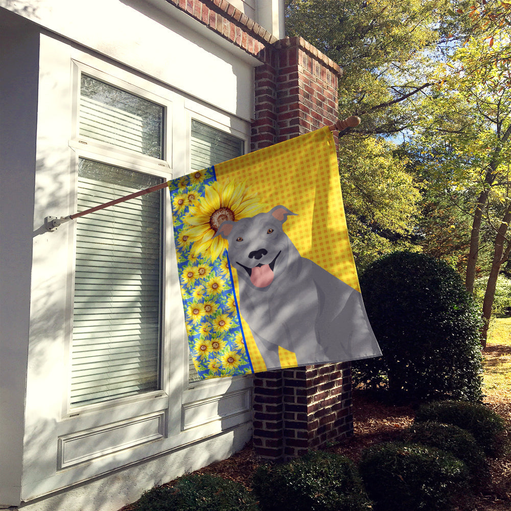 Summer Sunflowers Blue Pit Bull Terrier House Flag 28x40 Porch Sleeve Pole Decorative Outside Yard Banner Artwork Wall Hanging, Polyester