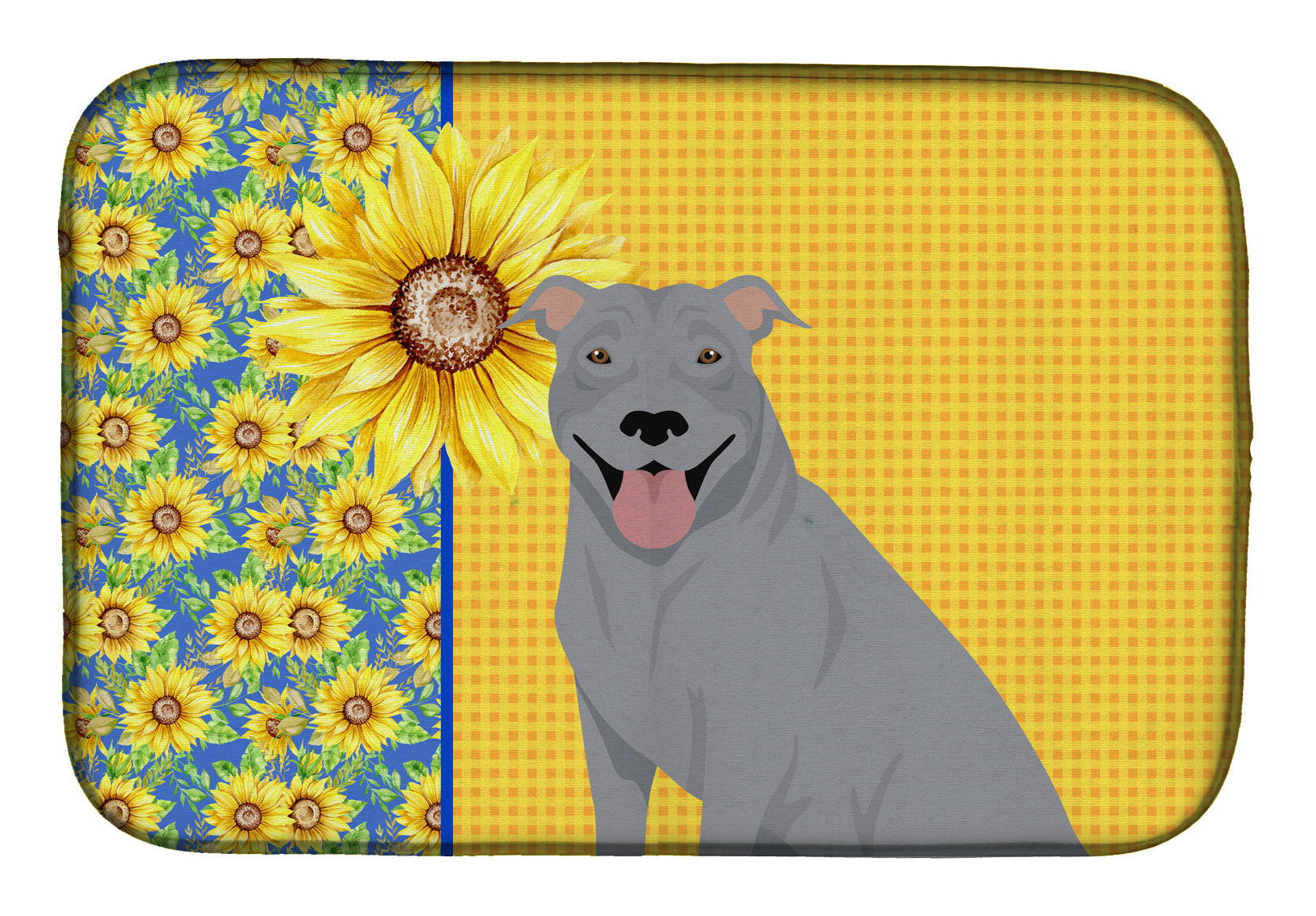 Summer Sunflowers Blue Pit Bull Terrier Dish Drying Mat Absorbent Dish Drying Mat Pad for Kitchen Counter Dish Drainer Mat for Countertop, 14 x 21", Multicolor