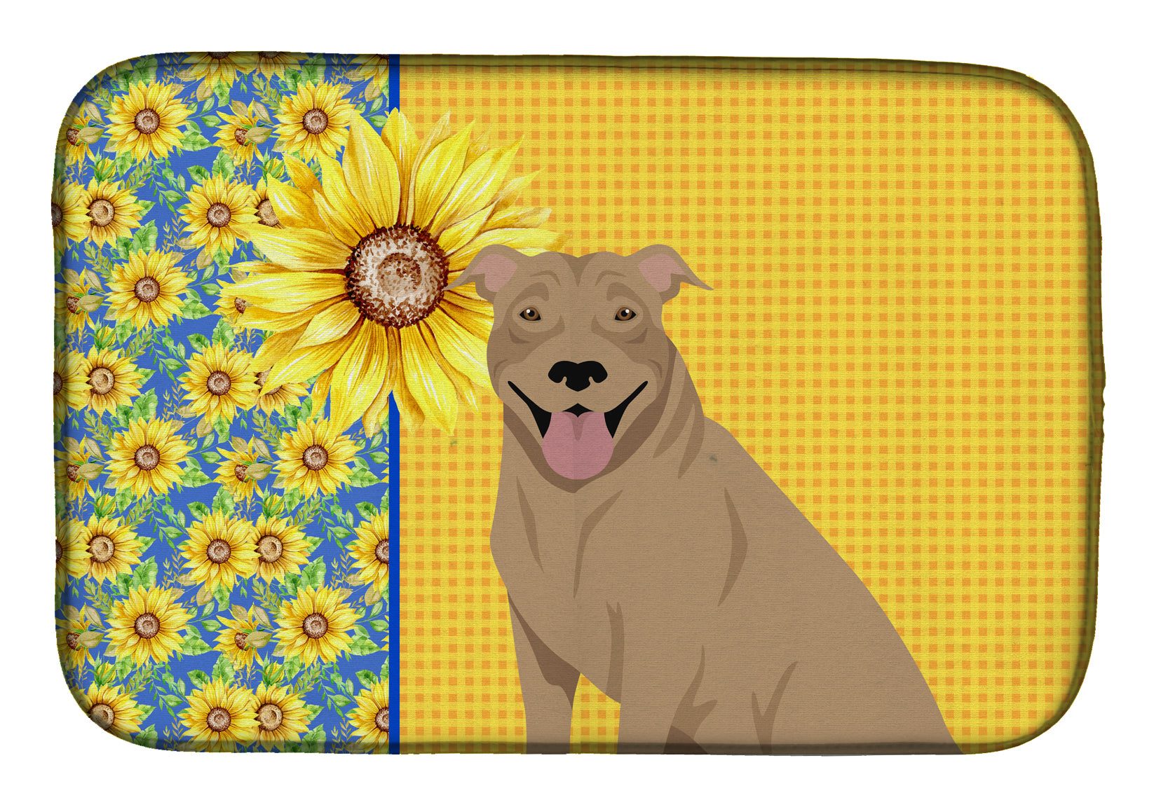 Summer Sunflowers Fawn Pit Bull Terrier Dish Drying Mat Absorbent Dish Drying Mat Pad for Kitchen Counter Dish Drainer Mat for Countertop, 14 x 21", Multicolor
