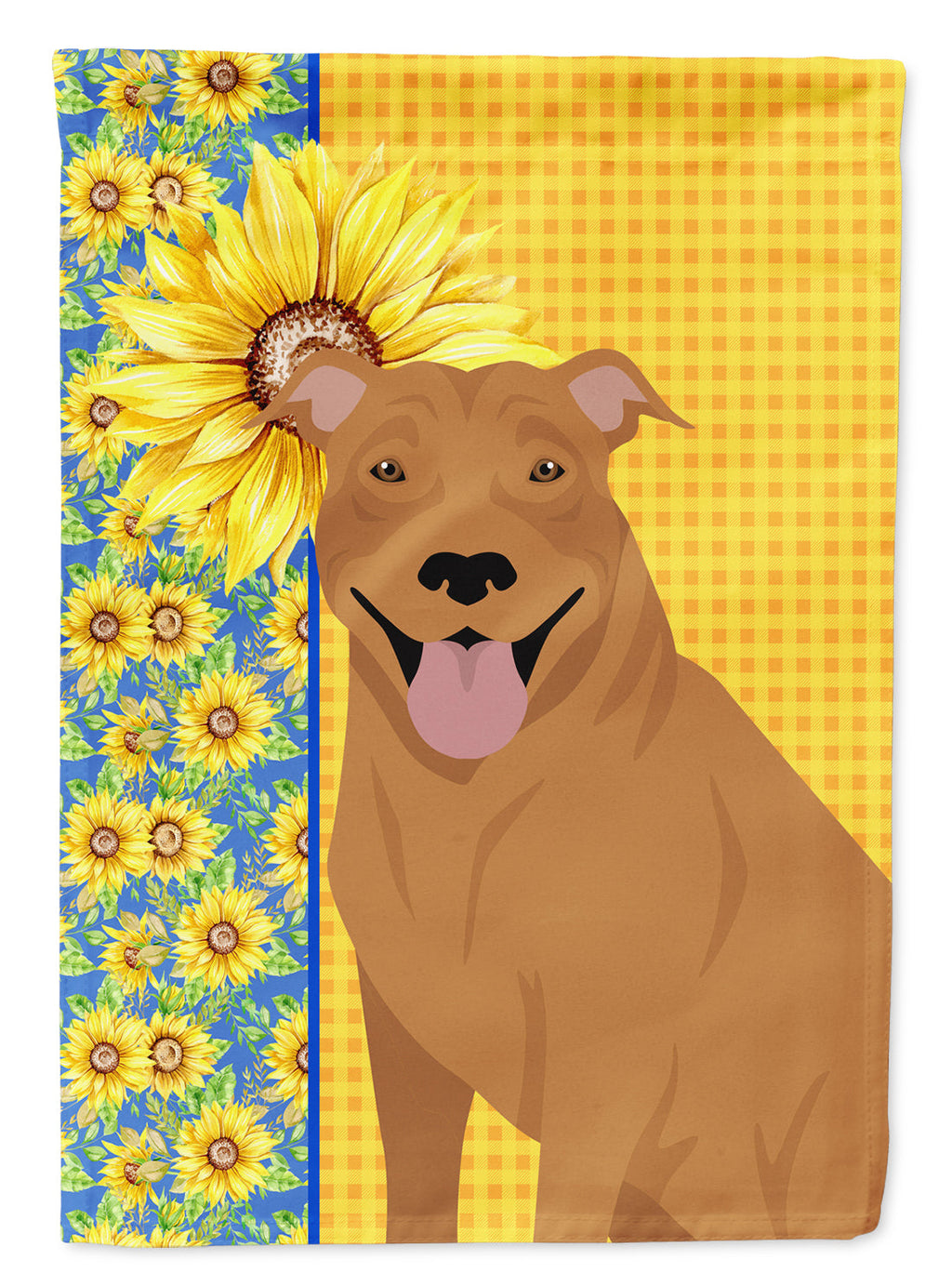 Summer Sunflowers Red Pit Bull Terrier House Flag 28x40 Porch Sleeve Pole Decorative Outside Yard Banner Artwork Wall Hanging, Polyester