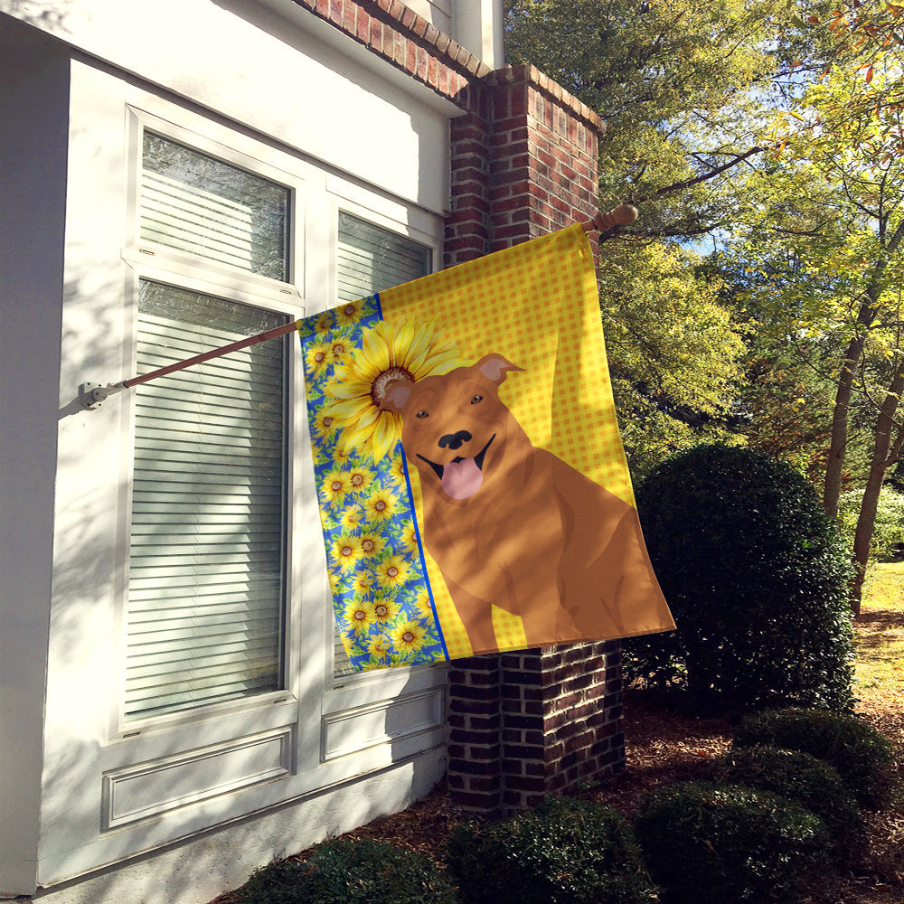 Summer Sunflowers Red Pit Bull Terrier House Flag 28x40 Porch Sleeve Pole Decorative Outside Yard Banner Artwork Wall Hanging, Polyester
