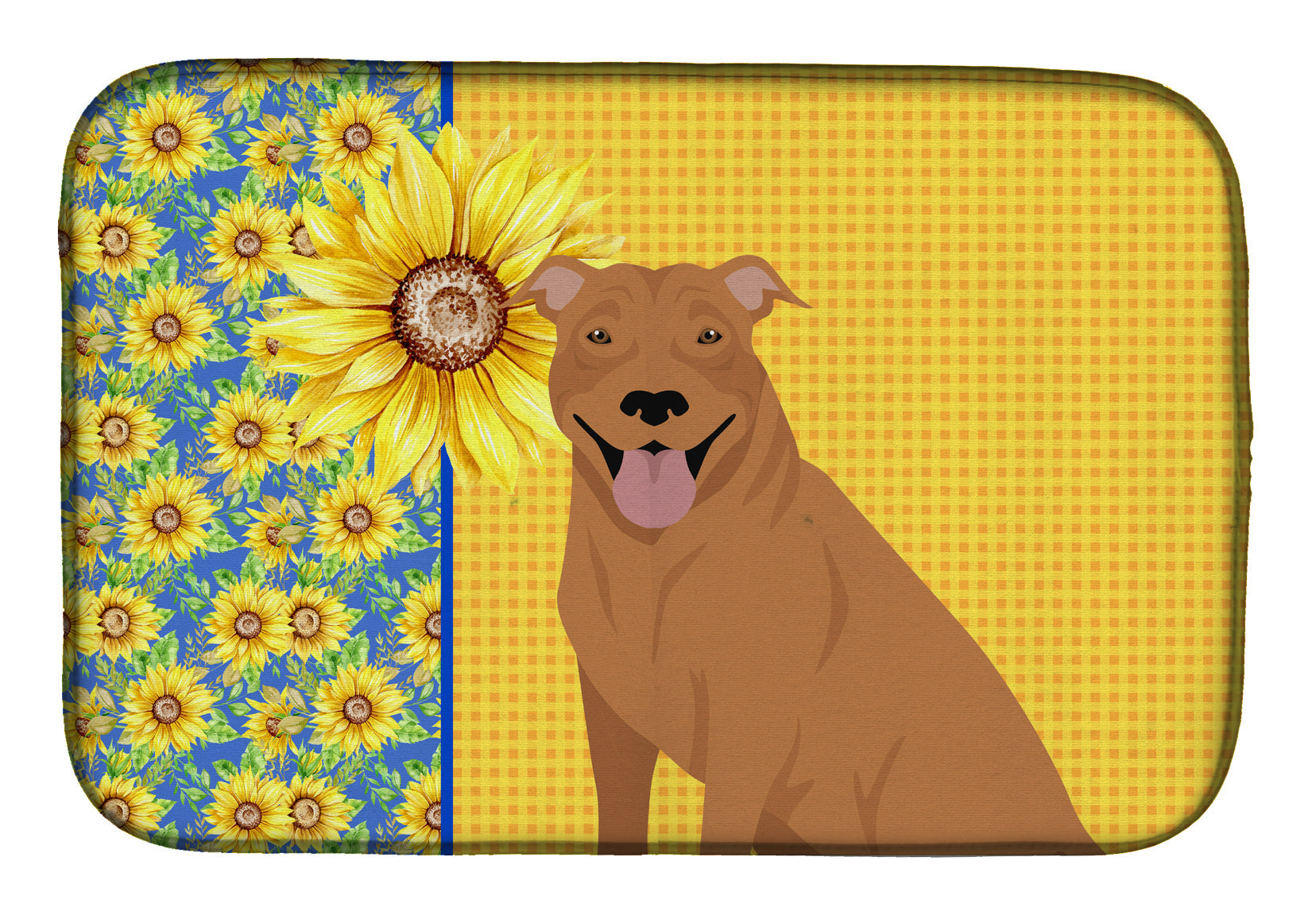 Summer Sunflowers Red Pit Bull Terrier Dish Drying Mat Absorbent Dish Drying Mat Pad for Kitchen Counter Dish Drainer Mat for Countertop, 14 x 21", Multicolor