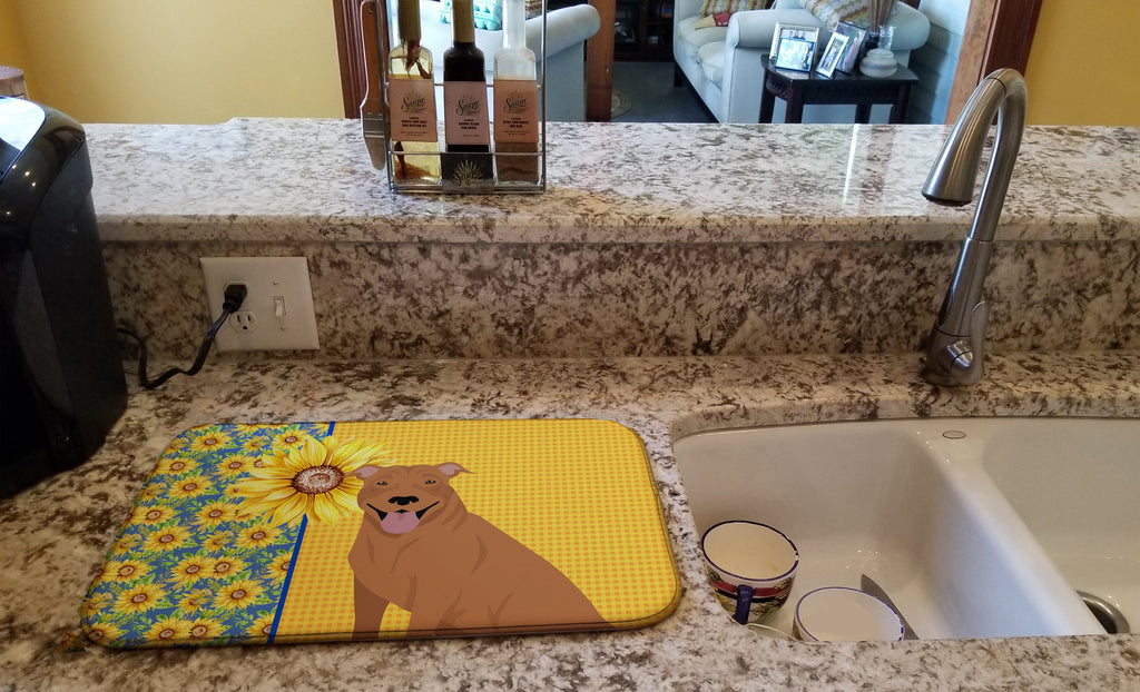Summer Sunflowers Red Pit Bull Terrier Dish Drying Mat Absorbent Dish Drying Mat Pad for Kitchen Counter Dish Drainer Mat for Countertop, 14 x 21", Multicolor