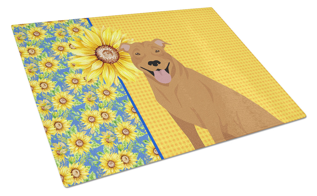 Summer Sunflowers Red Pit Bull Terrier Cutting Board Tempered Glass Kitchen Cutting Surface, Heat Resistant Chopping, Non-Slip Feet, Food Prep & Serving