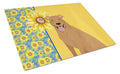 Summer Sunflowers Red Pit Bull Terrier Cutting Board Tempered Glass Kitchen Cutting Surface, Heat Resistant Chopping, Non-Slip Feet, Food Prep & Serving