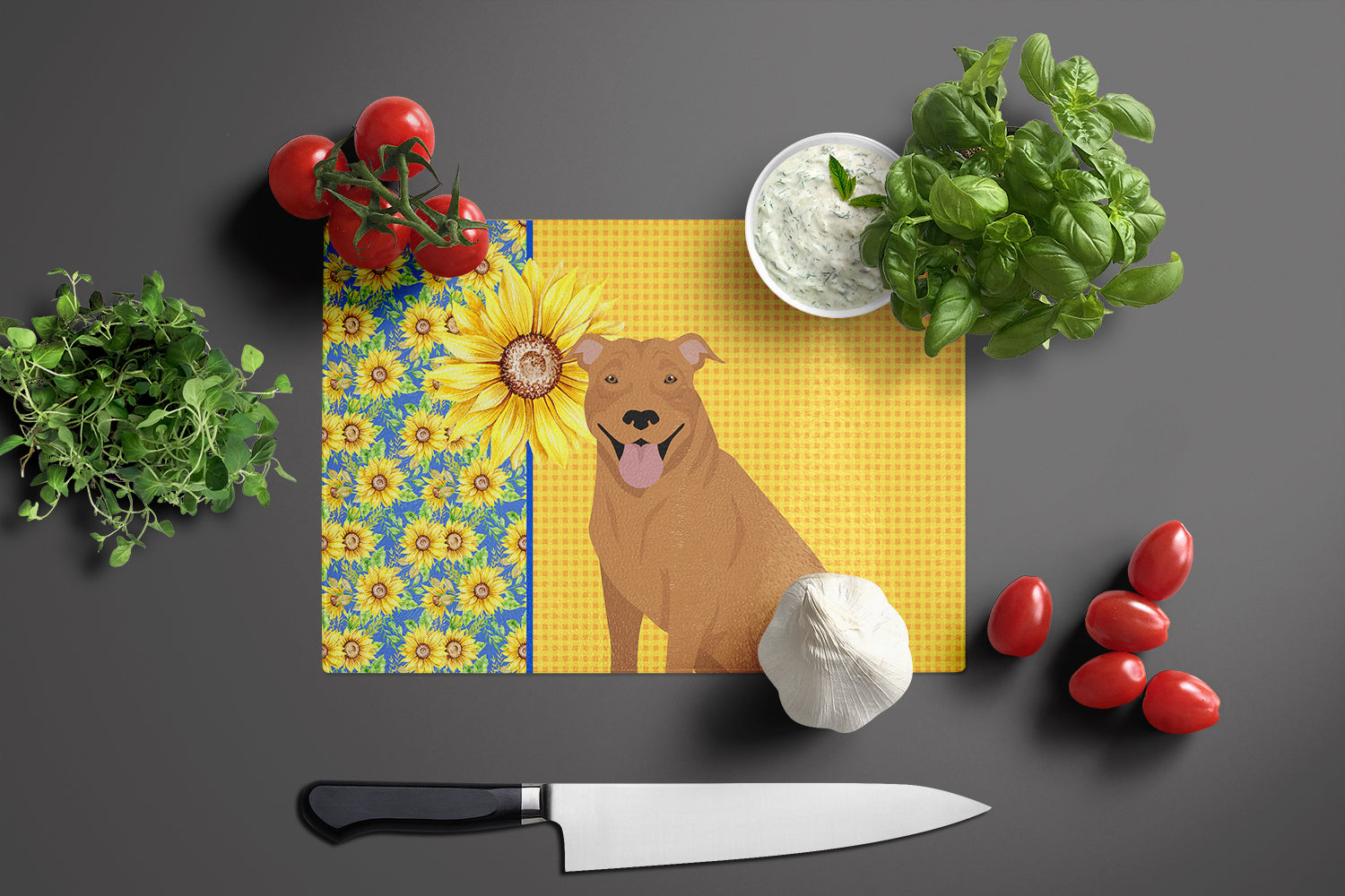 Summer Sunflowers Red Pit Bull Terrier Cutting Board Tempered Glass Kitchen Cutting Surface, Heat Resistant Chopping, Non-Slip Feet, Food Prep & Serving