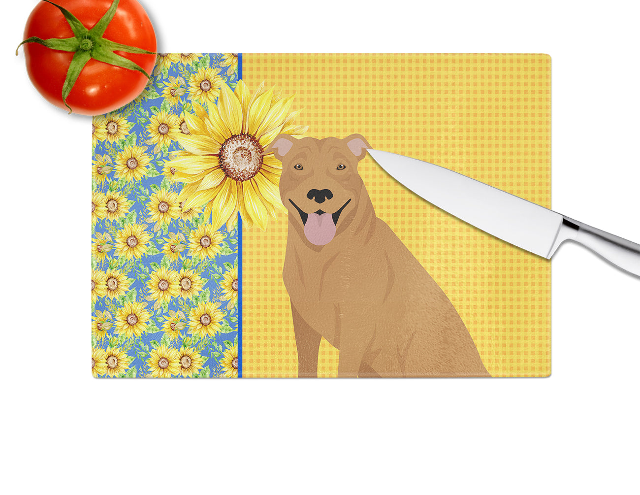 Summer Sunflowers Red Pit Bull Terrier Cutting Board Tempered Glass Kitchen Cutting Surface, Heat Resistant Chopping, Non-Slip Feet, Food Prep & Serving