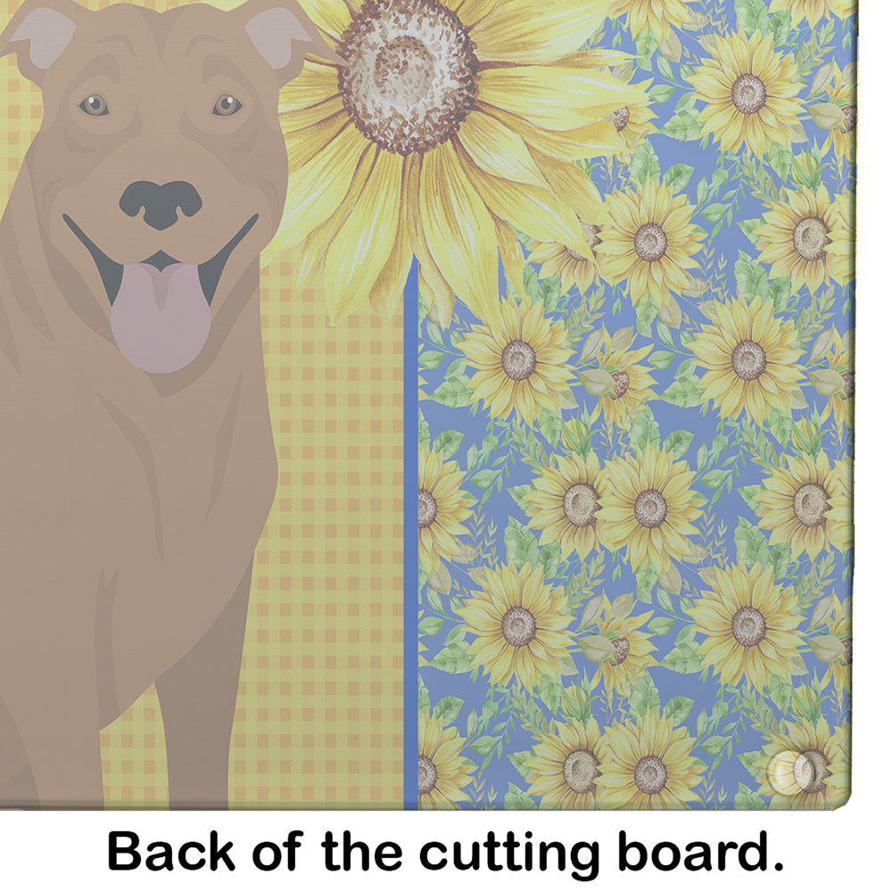 Summer Sunflowers Red Pit Bull Terrier Cutting Board Tempered Glass Kitchen Cutting Surface, Heat Resistant Chopping, Non-Slip Feet, Food Prep & Serving