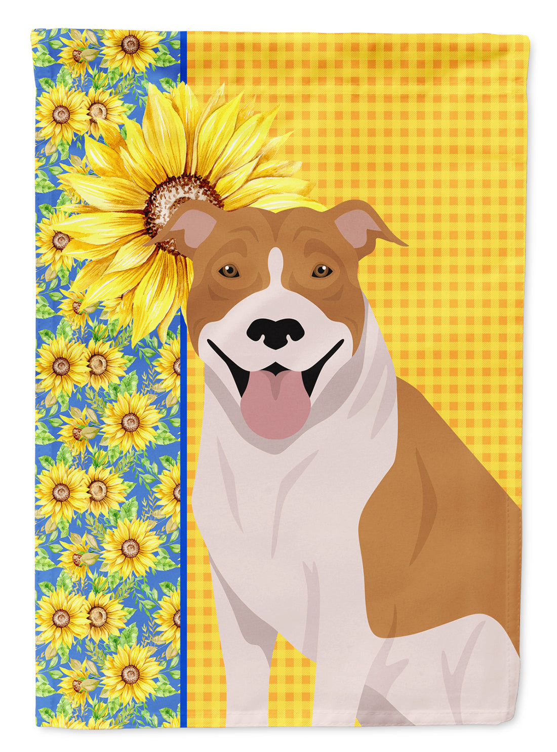 Summer Sunflowers Red and White Pit Bull Terrier House Flag 28x40 Porch Sleeve Pole Decorative Outside Yard Banner Artwork Wall Hanging, Polyester