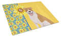 Summer Sunflowers Red and White Pit Bull Terrier Cutting Board Tempered Glass Kitchen Cutting Surface, Heat Resistant Chopping, Non-Slip Feet, Food Prep & Serving