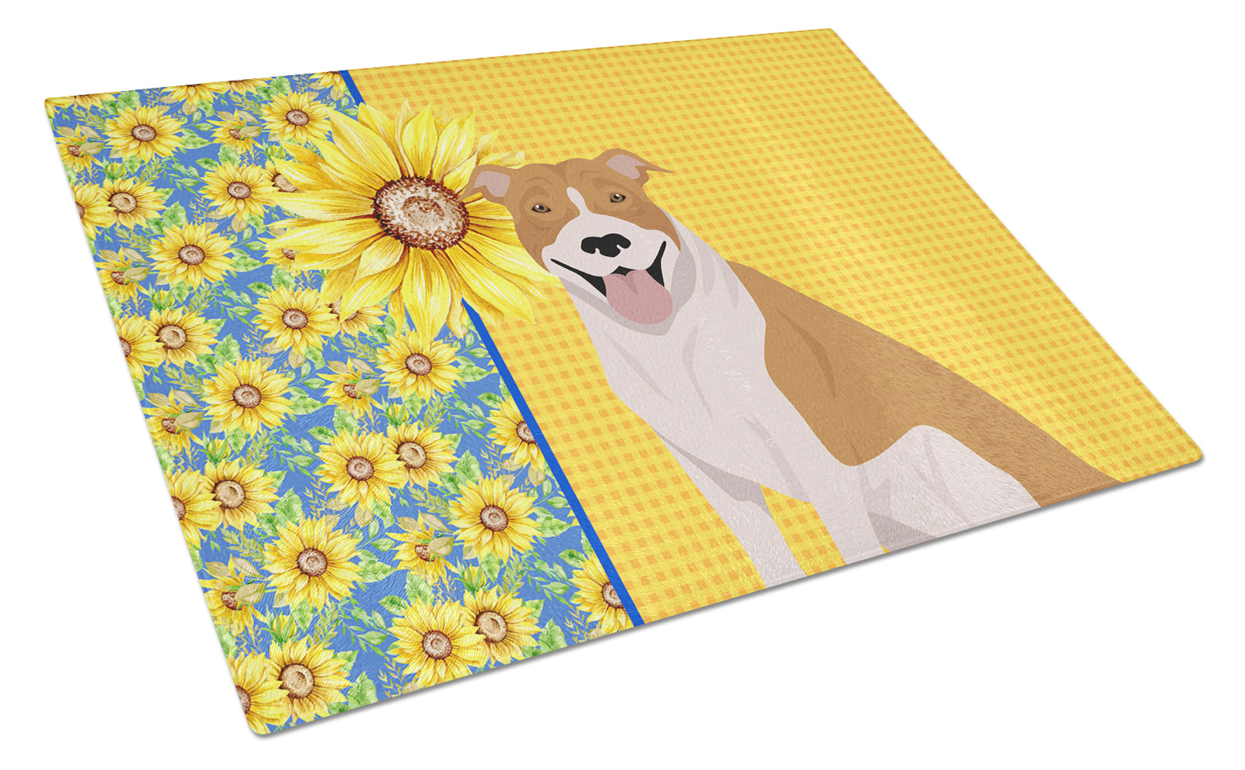 Summer Sunflowers Red and White Pit Bull Terrier Cutting Board Tempered Glass Kitchen Cutting Surface, Heat Resistant Chopping, Non-Slip Feet, Food Prep & Serving