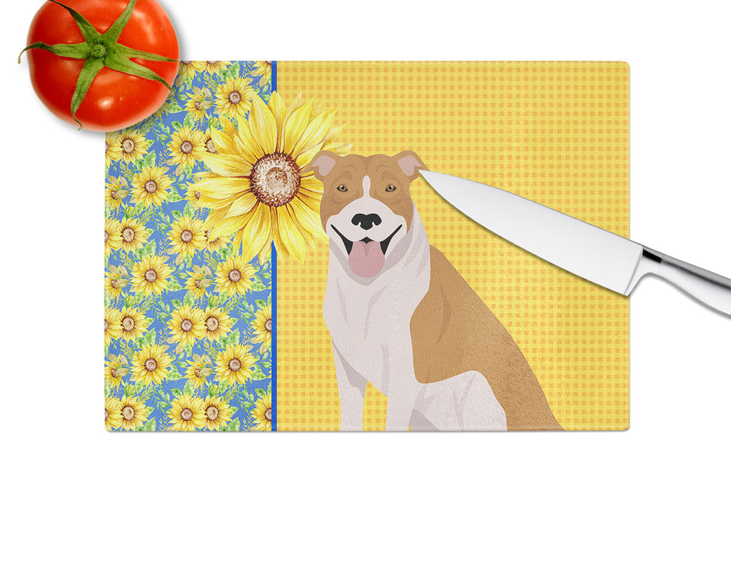 Summer Sunflowers Red and White Pit Bull Terrier Cutting Board Tempered Glass Kitchen Cutting Surface, Heat Resistant Chopping, Non-Slip Feet, Food Prep & Serving