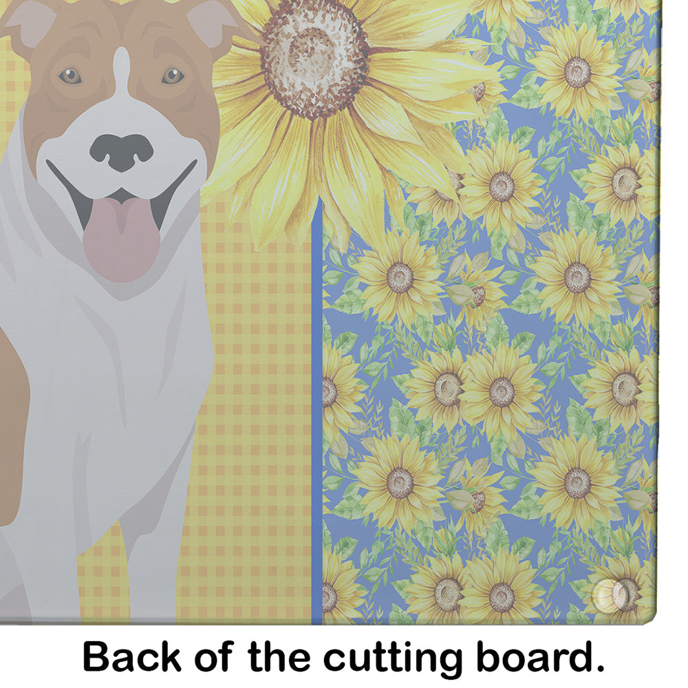 Summer Sunflowers Red and White Pit Bull Terrier Cutting Board Tempered Glass Kitchen Cutting Surface, Heat Resistant Chopping, Non-Slip Feet, Food Prep & Serving