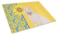 Summer Sunflowers White Pit Bull Terrier Cutting Board Tempered Glass Kitchen Cutting Surface, Heat Resistant Chopping, Non-Slip Feet, Food Prep & Serving