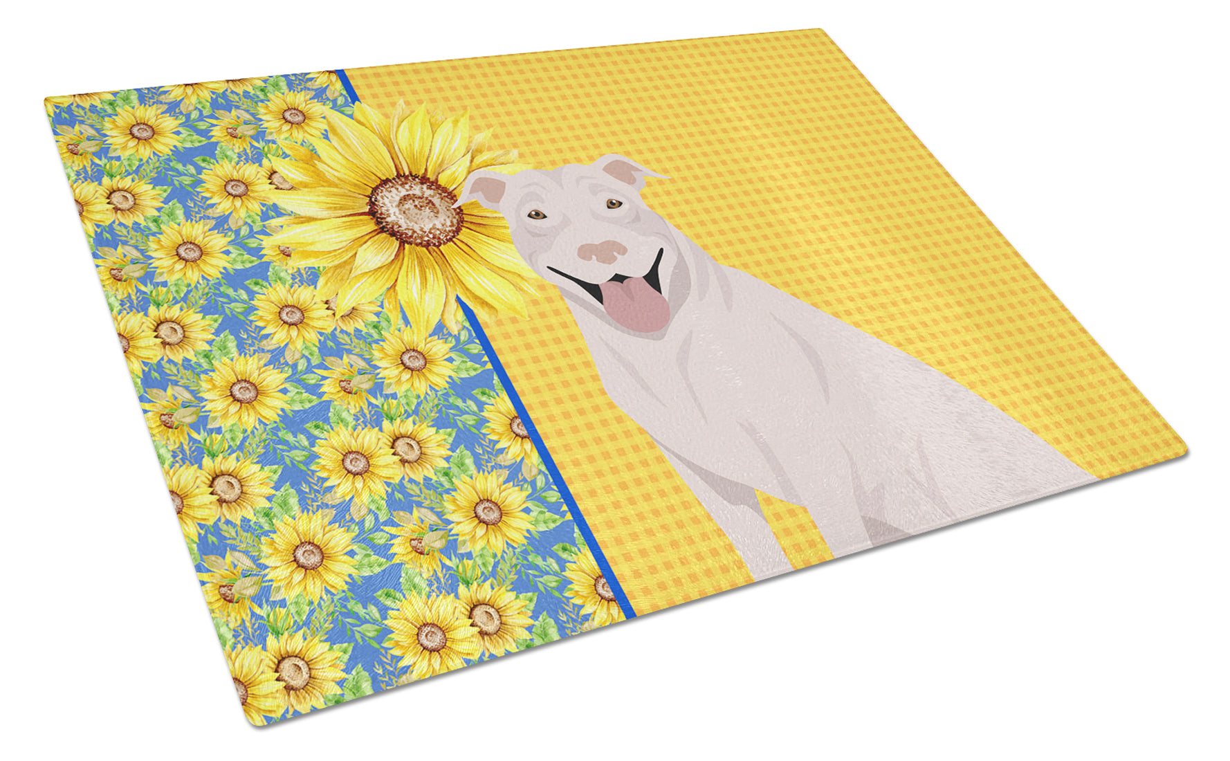 Summer Sunflowers White Pit Bull Terrier Cutting Board Tempered Glass Kitchen Cutting Surface, Heat Resistant Chopping, Non-Slip Feet, Food Prep & Serving