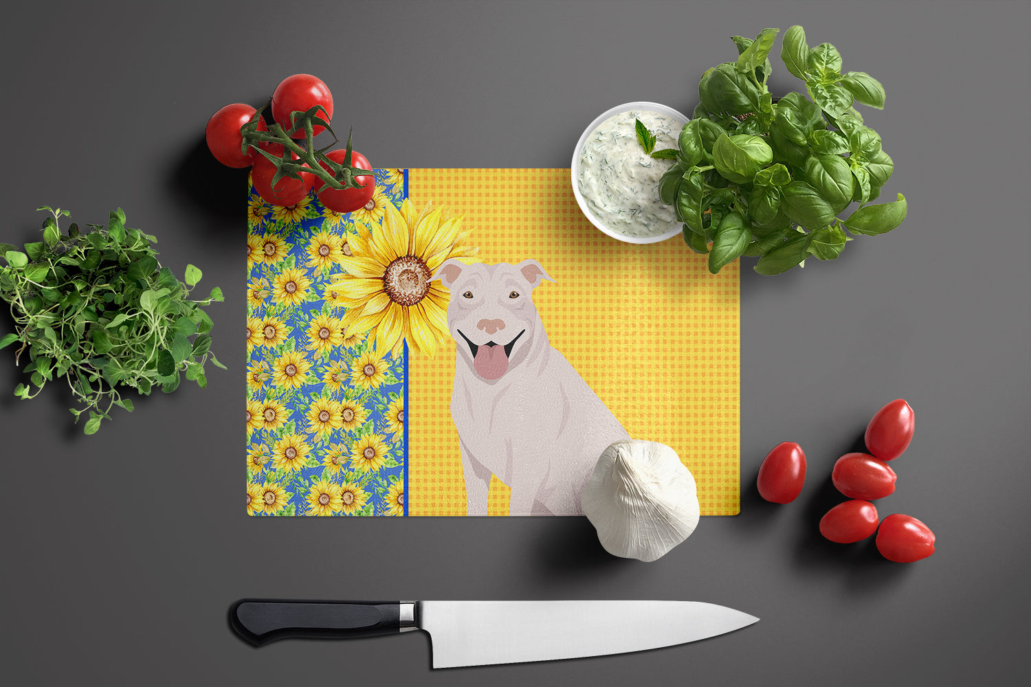Summer Sunflowers White Pit Bull Terrier Cutting Board Tempered Glass Kitchen Cutting Surface, Heat Resistant Chopping, Non-Slip Feet, Food Prep & Serving