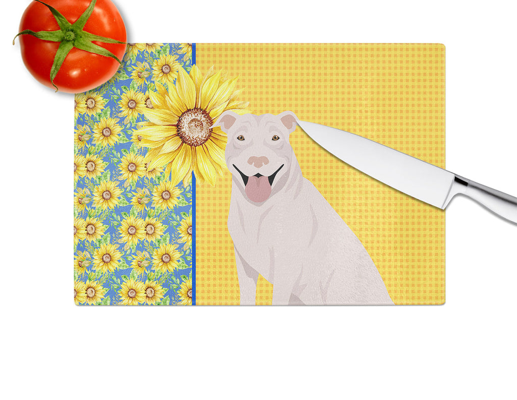 Summer Sunflowers White Pit Bull Terrier Cutting Board Tempered Glass Kitchen Cutting Surface, Heat Resistant Chopping, Non-Slip Feet, Food Prep & Serving