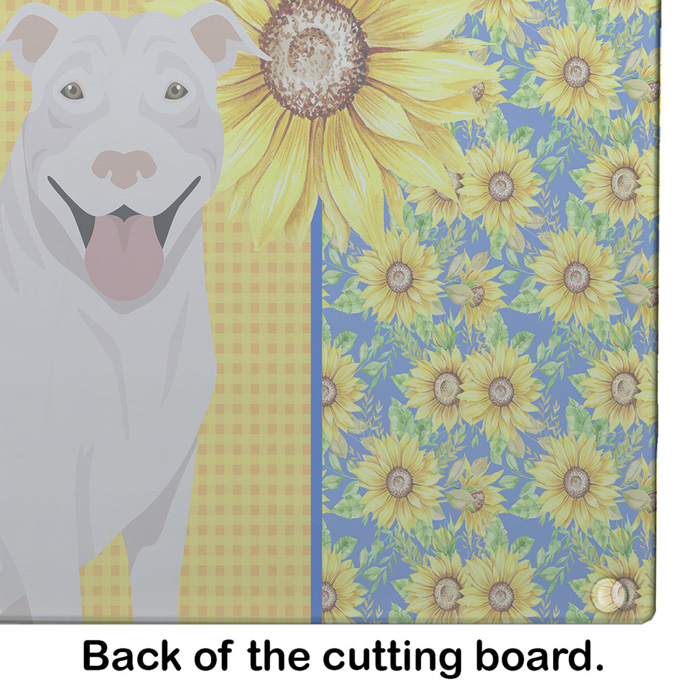 Summer Sunflowers White Pit Bull Terrier Cutting Board Tempered Glass Kitchen Cutting Surface, Heat Resistant Chopping, Non-Slip Feet, Food Prep & Serving