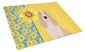 Summer Sunflowers Lemon and White Tricolor Basset Hound Cutting Board Tempered Glass Kitchen Cutting Surface, Heat Resistant Chopping, Non-Slip Feet, Food Prep & Serving