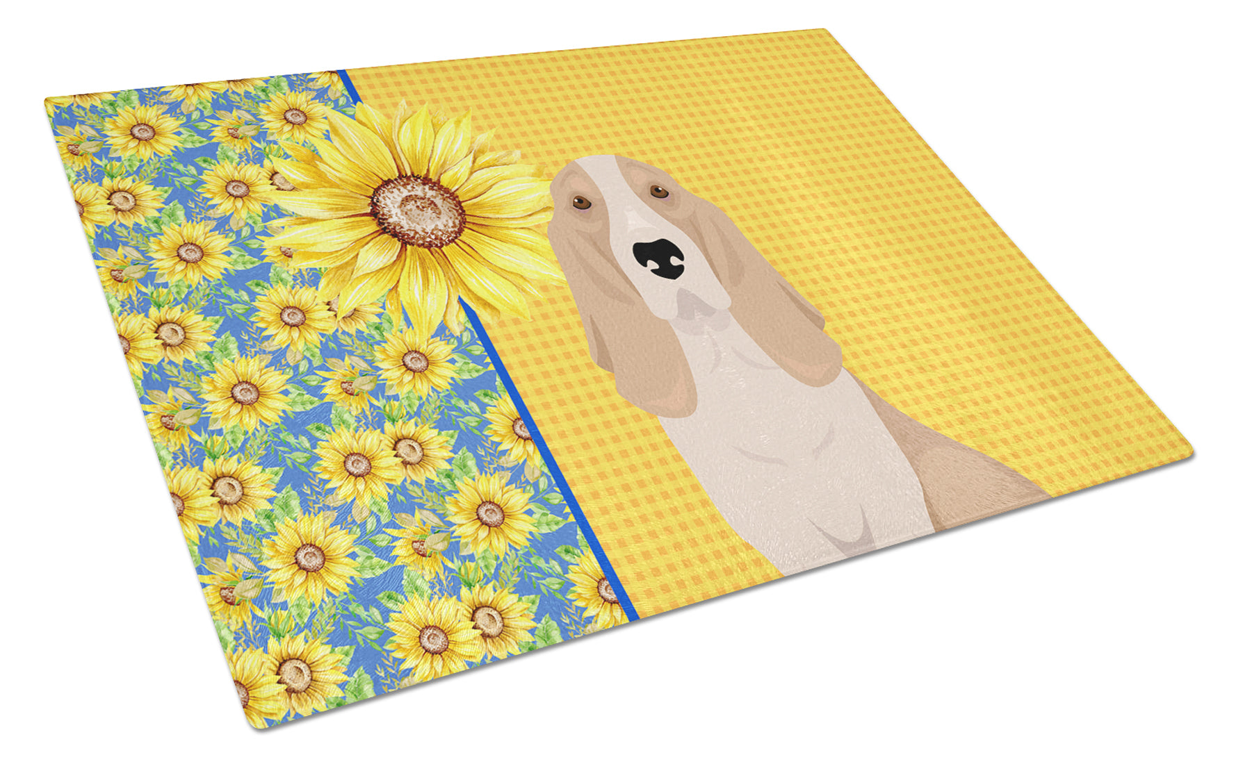 Summer Sunflowers Lemon and White Tricolor Basset Hound Cutting Board Tempered Glass Kitchen Cutting Surface, Heat Resistant Chopping, Non-Slip Feet, Food Prep & Serving