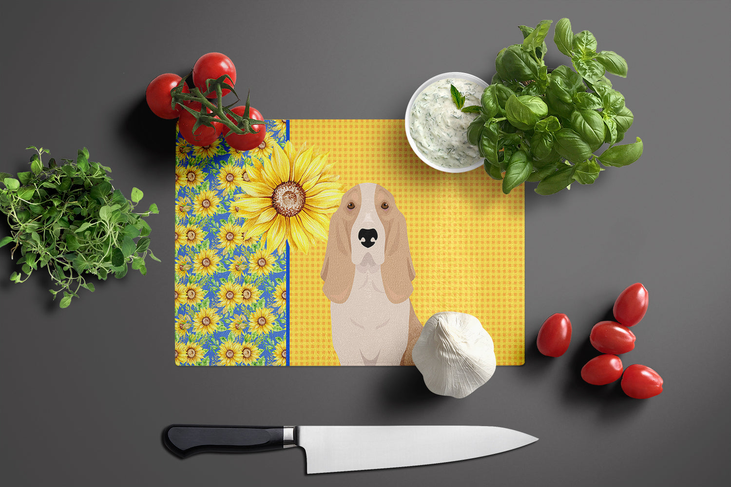 Summer Sunflowers Lemon and White Tricolor Basset Hound Cutting Board Tempered Glass Kitchen Cutting Surface, Heat Resistant Chopping, Non-Slip Feet, Food Prep & Serving
