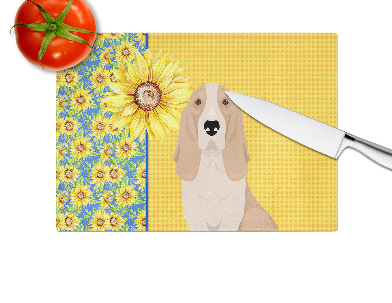 Summer Sunflowers Lemon and White Tricolor Basset Hound Cutting Board Tempered Glass Kitchen Cutting Surface, Heat Resistant Chopping, Non-Slip Feet, Food Prep & Serving