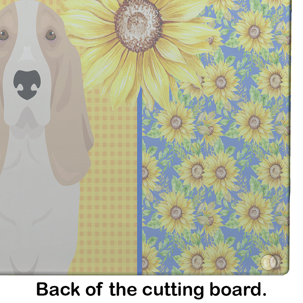 Summer Sunflowers Lemon and White Tricolor Basset Hound Cutting Board Tempered Glass Kitchen Cutting Surface, Heat Resistant Chopping, Non-Slip Feet, Food Prep & Serving