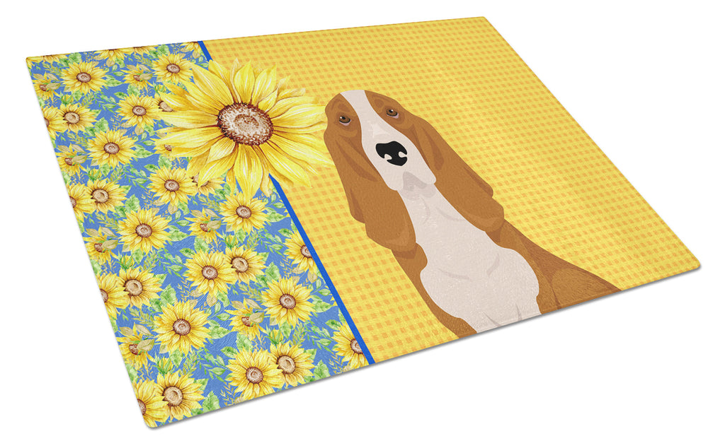 Summer Sunflowers Red and White Tricolor Basset Hound Cutting Board Tempered Glass Kitchen Cutting Surface, Heat Resistant Chopping, Non-Slip Feet, Food Prep & Serving