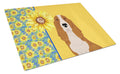 Summer Sunflowers Red and White Tricolor Basset Hound Cutting Board Tempered Glass Kitchen Cutting Surface, Heat Resistant Chopping, Non-Slip Feet, Food Prep & Serving