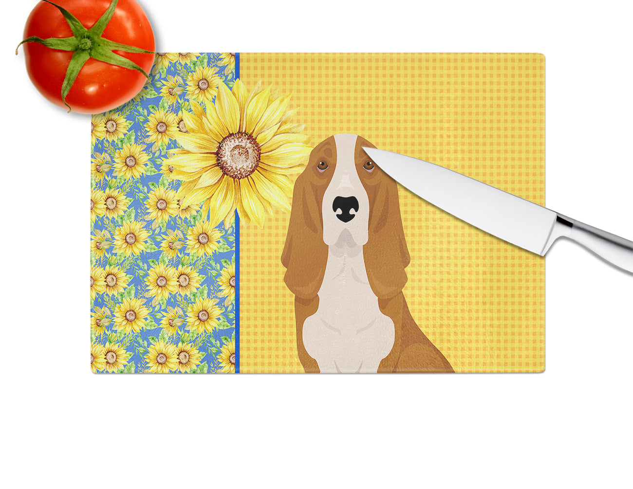 Summer Sunflowers Red and White Tricolor Basset Hound Cutting Board Tempered Glass Kitchen Cutting Surface, Heat Resistant Chopping, Non-Slip Feet, Food Prep & Serving