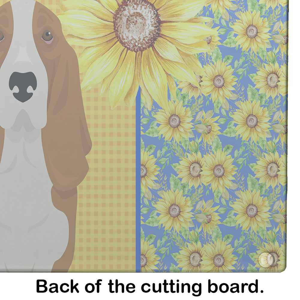 Summer Sunflowers Red and White Tricolor Basset Hound Cutting Board Tempered Glass Kitchen Cutting Surface, Heat Resistant Chopping, Non-Slip Feet, Food Prep & Serving