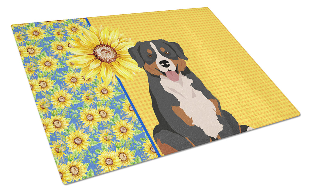 Summer Sunflowers Bernese Mountain Dog Cutting Board Tempered Glass Kitchen Cutting Surface, Heat Resistant Chopping, Non-Slip Feet, Food Prep & Serving