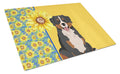 Summer Sunflowers Bernese Mountain Dog Cutting Board Tempered Glass Kitchen Cutting Surface, Heat Resistant Chopping, Non-Slip Feet, Food Prep & Serving