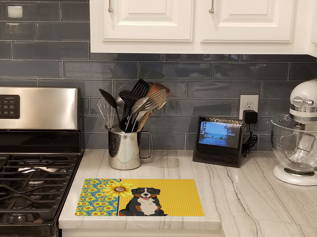 Summer Sunflowers Bernese Mountain Dog Cutting Board Tempered Glass Kitchen Cutting Surface, Heat Resistant Chopping, Non-Slip Feet, Food Prep & Serving