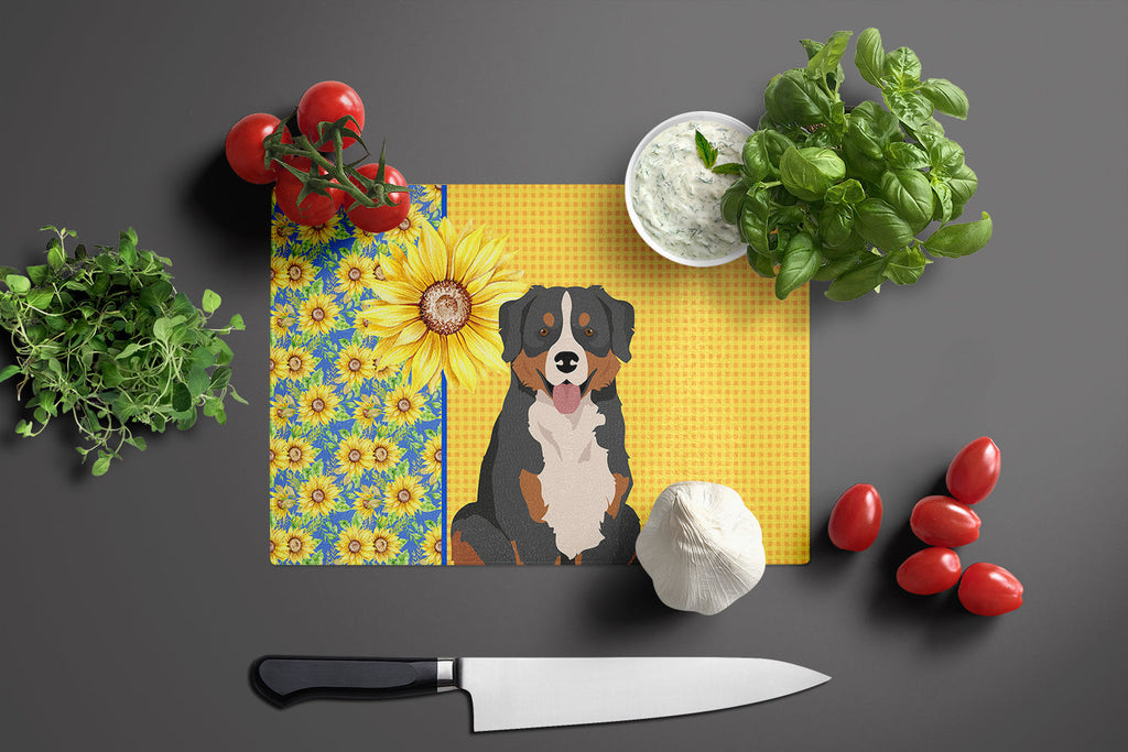 Summer Sunflowers Bernese Mountain Dog Cutting Board Tempered Glass Kitchen Cutting Surface, Heat Resistant Chopping, Non-Slip Feet, Food Prep & Serving