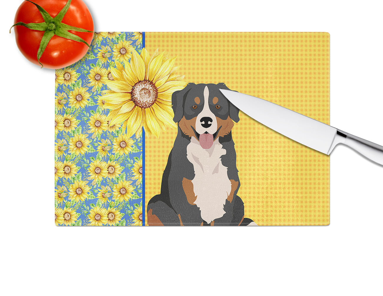 Summer Sunflowers Bernese Mountain Dog Cutting Board Tempered Glass Kitchen Cutting Surface, Heat Resistant Chopping, Non-Slip Feet, Food Prep & Serving